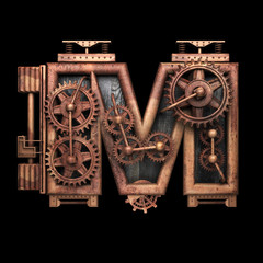 m isolated rusted letter with gears on black