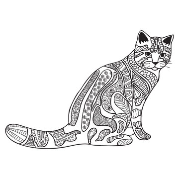 Cat Black and white doodle print with ethnic patterns. 