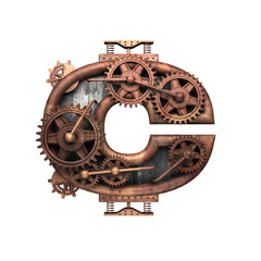 c isolated rusted letter with gears on white