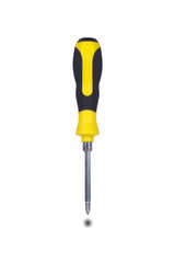 Screw driver with yellow and black handle isolated on white