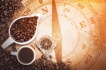 coffee beans on map fabric background, the over sunlight