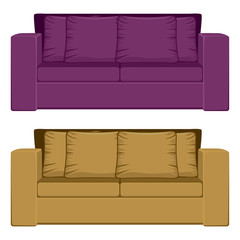 Illustration of comfortable purple and camel color sofa isolated on white background