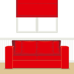 Illustration of a living room with comfortable red sofa and curtains