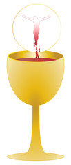 Eucharist symbol of bread and wine, chalice and bleeding host with the silhouette of crucified Jesus Christ. Vector illustration.