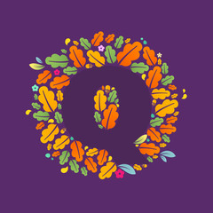 Obraz premium Q letter logo in a circle of oak leaves and acorns.