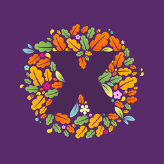 X letter logo in a circle of oak leaves and acorns.