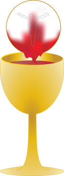 Eucharist symbol of bread and wine, chalice and bleeding host with the silhouette of crucified Jesus Christ. Vector illustration.