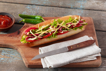 sandwich baguette cheese salami tomato sauce and herbs