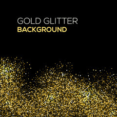 Gold confetti glitter on black background. Abstract gold dust glitter background. Golden explosion of confetti. Golden grainy abstract background. 