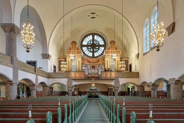 Interior of Vasa Church with pipe organ in Gothenburg, Sweden