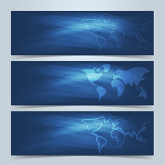 World map banners or website header set. Simplified freehand drawn world maps on blue background