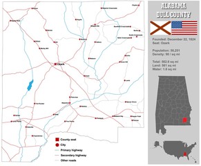 Large and detailed map and infos about Dull County in Alabama.