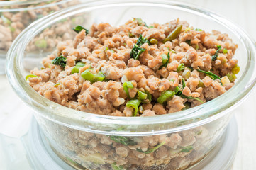 Close up of stir fried minced pork and basil