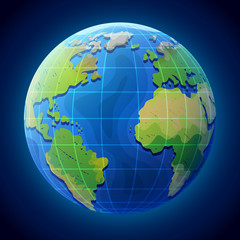 View of globe from space. Earth planet with ocean and continents. Qualitative vector illustration for travel, planet Earth, geography, tourism, world map, trip, cartography, etc