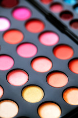 Close-up macro shot of lipgloss palette. Colourful salon cosmetics for makeup artist. Vibrant make-up product. Soft focus

