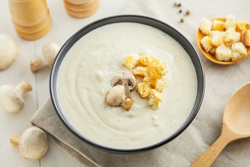European lunch, cream soup made of mushrooms, delicious food, top view