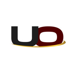UO alphabet in grey and red with golden curve