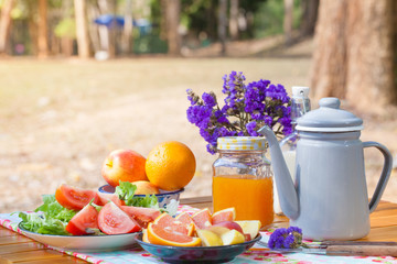 picnic, view of picnic table with fruits, juice and vegetable at the camping area