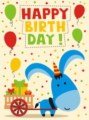 Naklejka premium cute little donkey, happy birthday card, funny animal