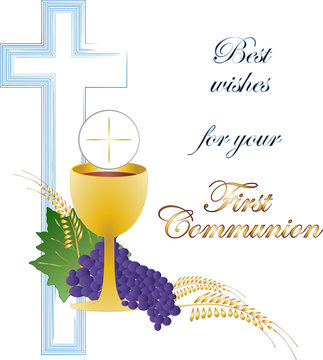 Eucharist symbol of bread and wine, chalice and host, with wheat ears wreath and grapes, with a cross. First communion illustration.