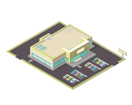 Isometric vector icon of s large isometric grocery store.
Modern supermarket or shopping center with parking spaces.