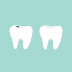 Tooth icon. Healthy and bad ill tooth with caries. Oral dental hygiene.  Children teeth care. Tooth health. Blue background. Flat design.