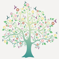 Obraz na płótnie Canvas яркое дерево с цветами и птицами