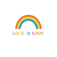 Rainbow on white background.  Love is love text quote. Greeting card.  LGBT community. Flat design.