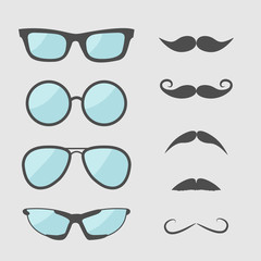 Glasses and mustache moustaches icon set. Isolated White background.