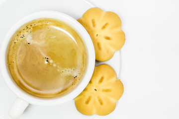 Cappuccino coffee in a white cup,espresso, cookies and coffee beans on a white background