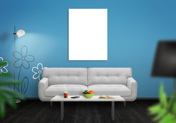 Isolated wall art canvas wall. Living room interior with sofa, lamp, table. 