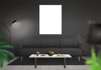 Isolated wall art canvas wall. Living room interior with sofa, lamp, table. 