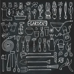 Spring garden doodle set.Tools,plants.Chalkboard