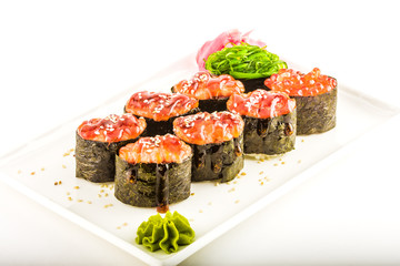 Sushi set on plate isolated on white backgound
