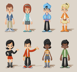 Group of cartoon young people. Teenagers.
