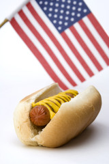 Hot Dog and American Flag – A hot dog in a bun with mustard. American flag in background.