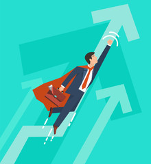 Businessman in a suit superhero flies up. Leadership and business growth concept.  Flat design. Vector illustration