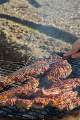 Closeup of grilled meat in the barbecue outdoors