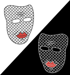 Two masks on white and black background. White and black masks. Fancy masks. Unusual masks. Masks with pattern in the mesh.