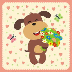 puppy with bouquet, greeting card