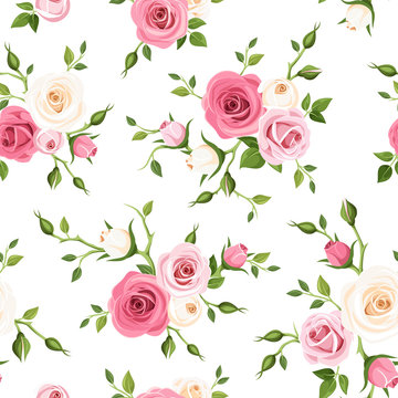 Vector seamless pattern with pink and white roses and green leaves on a white background.