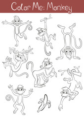 Coloring pages "Color me: Monkey". Set of seven cute little monkey in the different poses. Standing, jumping, running, hanging.