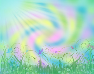 Fototapeta na wymiar Abstract flower garden in soft pastel colors with sun beaming down. Background, illustration, graphic. Credit of flowers: (c)Delightful-Doodles (original artwork©delightful-doodles.com 
