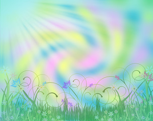 Obraz premium Abstract flower garden in soft pastel colors with sun beaming down. Background, illustration, graphic. Credit of flowers: (c)Delightful-Doodles (original artwork©delightful-doodles.com 