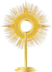 Golden monstrance for Eucharistic adoration of the Blessed Sacrament. Vector illustration. - obrazy, fototapety, plakaty