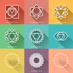 Set of flat chakras icons with shadow