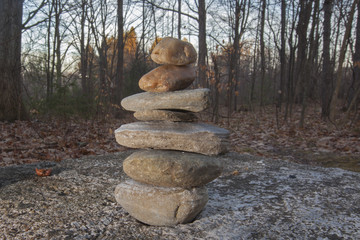 A stone cairn marking a trail in a forest.
