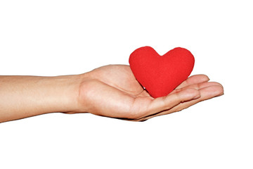 Fototapeta premium Man's hand hold red heart on isolate white background