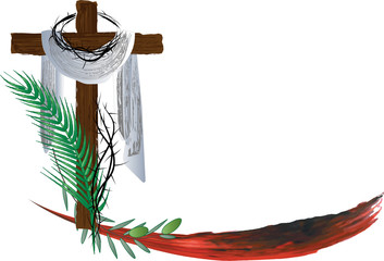 Eucharist symbols of bread and wine with the symbols of the Passion of Jesus Christ. Holy week, Lent or Easter vector color illustration.