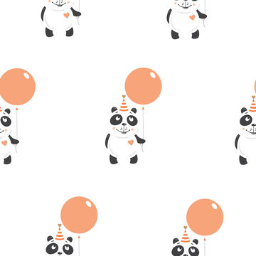 Birthday seamless pattern with pandas on  white background. Party hats and ballons. Vectr image.